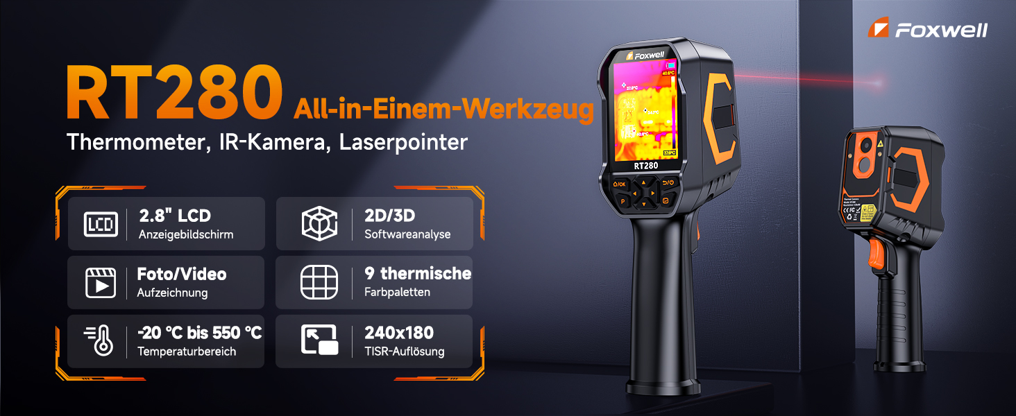 Тепловізор FOXWELL RT280: Портативна інфрачервона камера з LCD-екраном 2.8', роздільна здатність 320x240, діапазон температур -20°C до 550°C, 8GB пам'яті, функція PC-аналізу та відеозапису