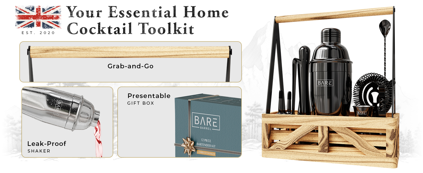 Набір бармена для приготування коктейлів Rose Gold 24oz: 12 предметів, дерев'яний підставник, рецепти, професійний барний аксесуар