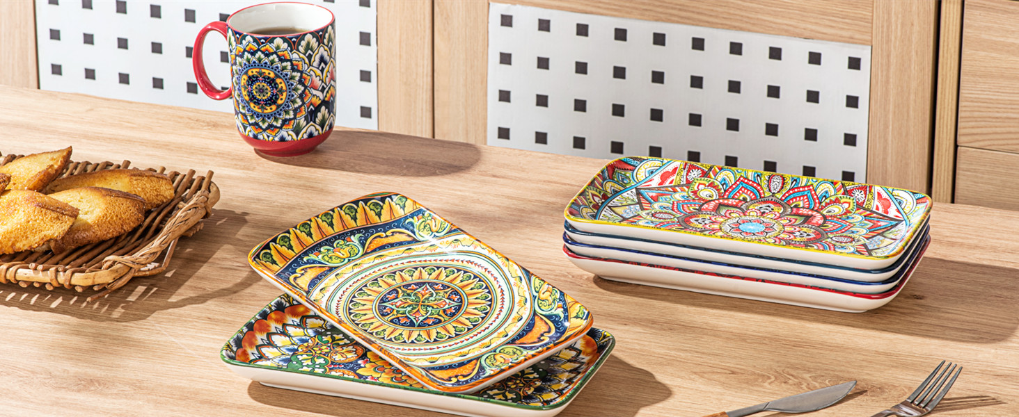 Набір сервірувальних тарілок Henten Home (6 шт.) - прямокутна форма, 25.5 см - для закусок, суші, фруктів, салатів, десертів - безпечно в мікрохвильовці, духовці, посудомийній машині - багатобарвний