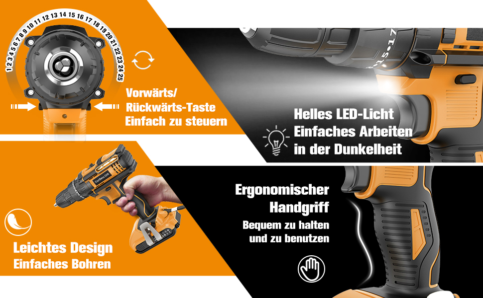 Акумуляторний шуруповерт AKZWOXRO 21V з 2 акумуляторами 2.0Ah, 42Nm, 2 швидкості, 25+3 ступені крутного моменту, патрон 10мм, LED ліхтик, 30-ти елементний набір для дому та саду, DIY проєкти