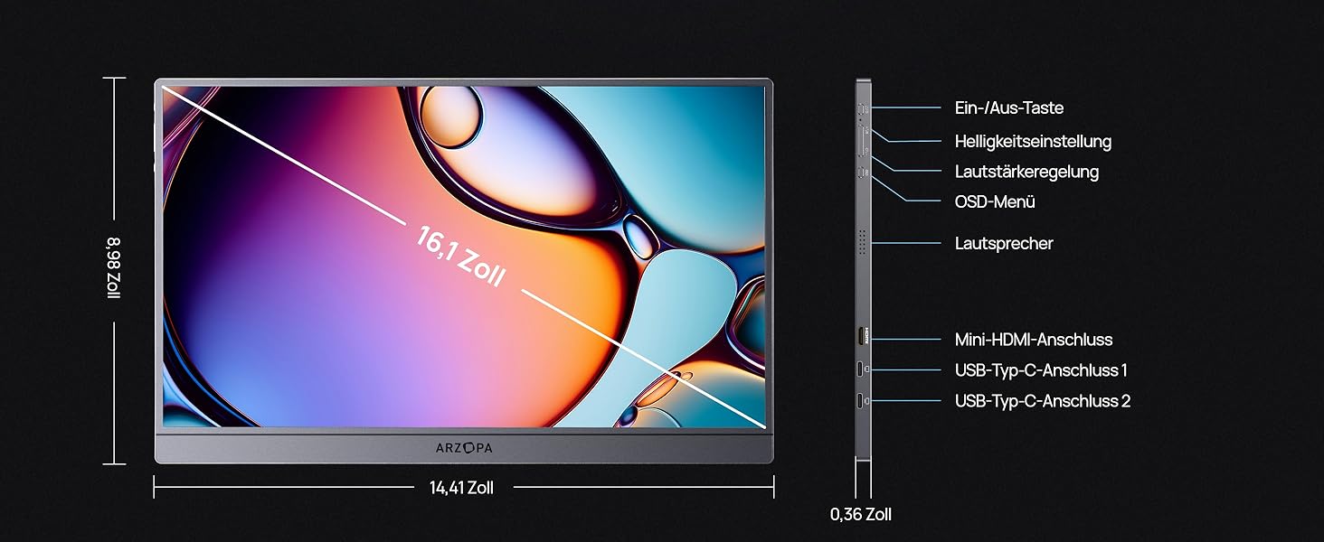 Портативний монітор ARZOPA 16.1' 2.5K 180Hz (2560x1440) HDR10, Space Grey (Z3FC/180HZ)