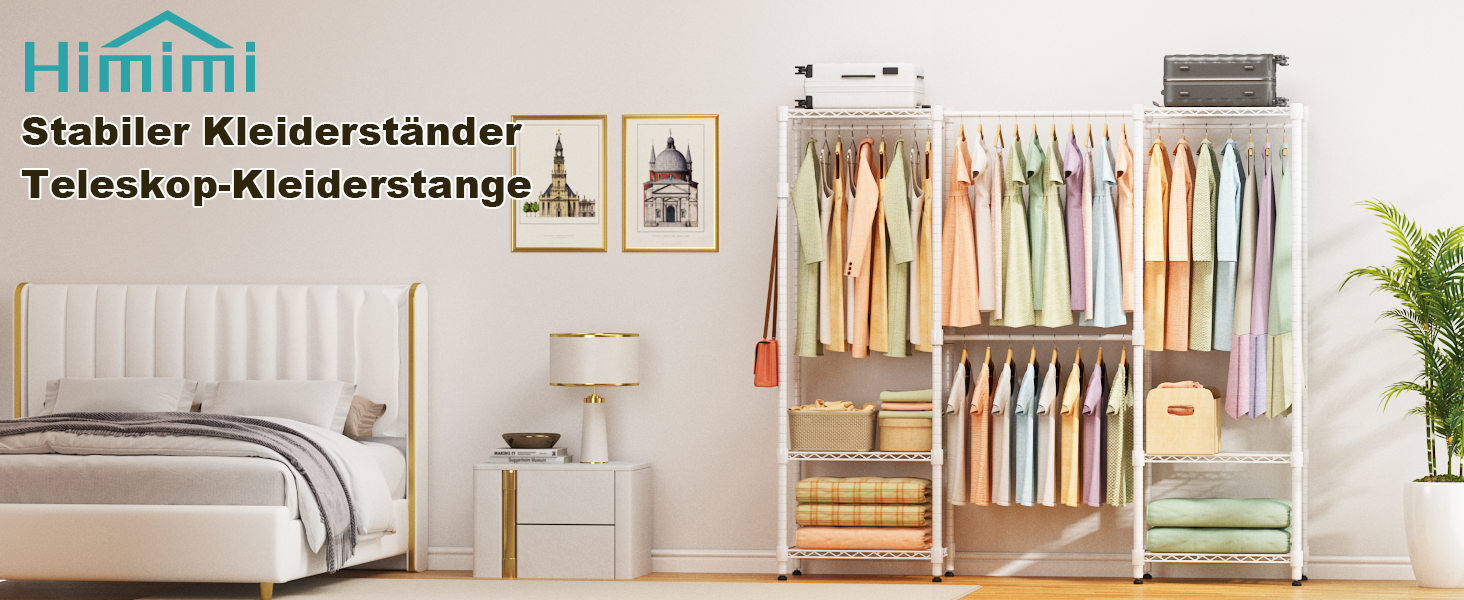 Тeleskopна штанга Himimi для одягу з 4 перекладинами та 6 регульованими полицями, 1 гачок, телескопічна система полиць B (175-230) x H180 см, адаптована для різних приміщень (білий)
