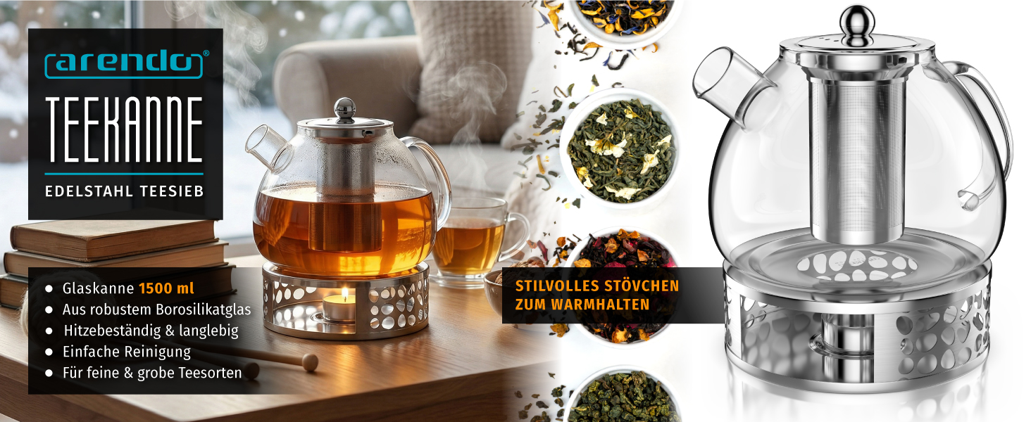 Скляний чайник Arendo з підставкою для підігріву та ситом, 1500 мл, термостійке боросилікатне скло, для листового, трав'яного та фруктового чаю