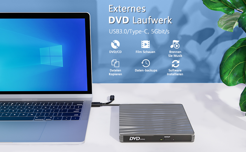 Зовнішній DVD-привід USB 3.0 та Type-C, портативний CD/DVD+/-RW записувач для ноутбука, ПК, MacBook, Windows, MacOS, Linux (Сірий)