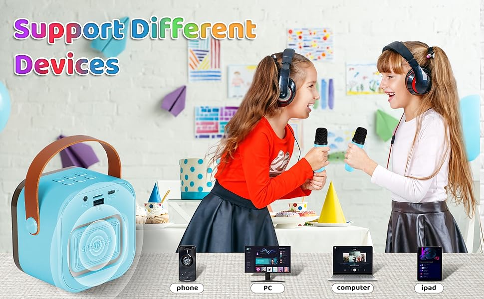 Караоке-машина Spinosaurus для дітей з 2 мікрофонами, Bluetooth, LED-підсвічуванням, портативна, для віку 3-12 років, ідеально для свят та подарунків (блакитна)