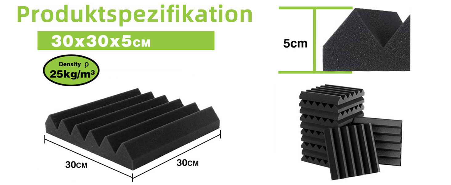Акустичний поролон Foneso для звукоізоляції, панелі-поглиначі шуму 30x30x5 см, висока щільність 25кг/м³, чорний (12 шт) для студії, офісу та кінотеатру