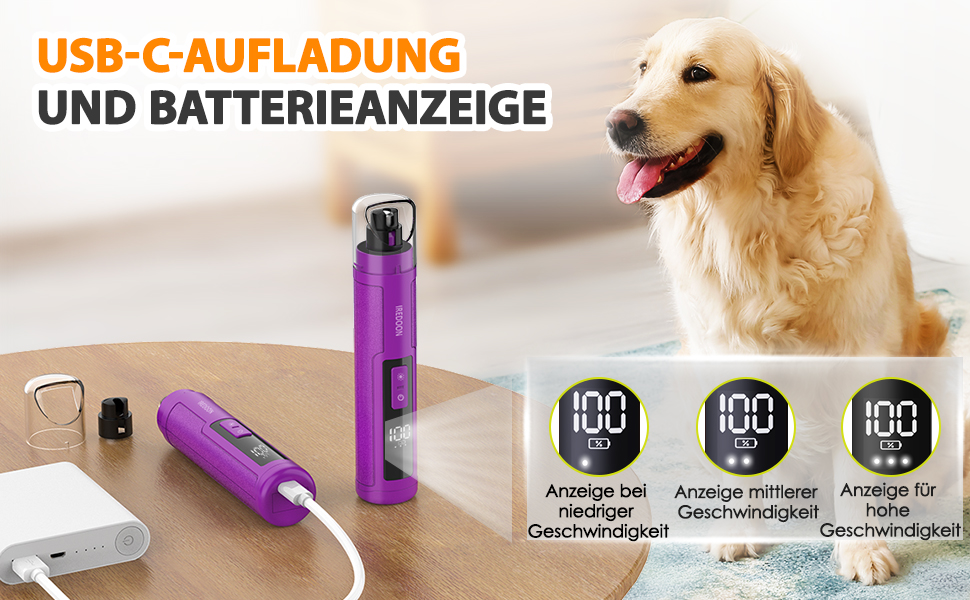 Шліфувальник кігтів для собак Profi Krallenschleifer 3-ступінчатий з LED-підсвіткою, тихий, акумуляторний, для собак великих, середніх та малих порід, темно-зелений (фіолетовий)