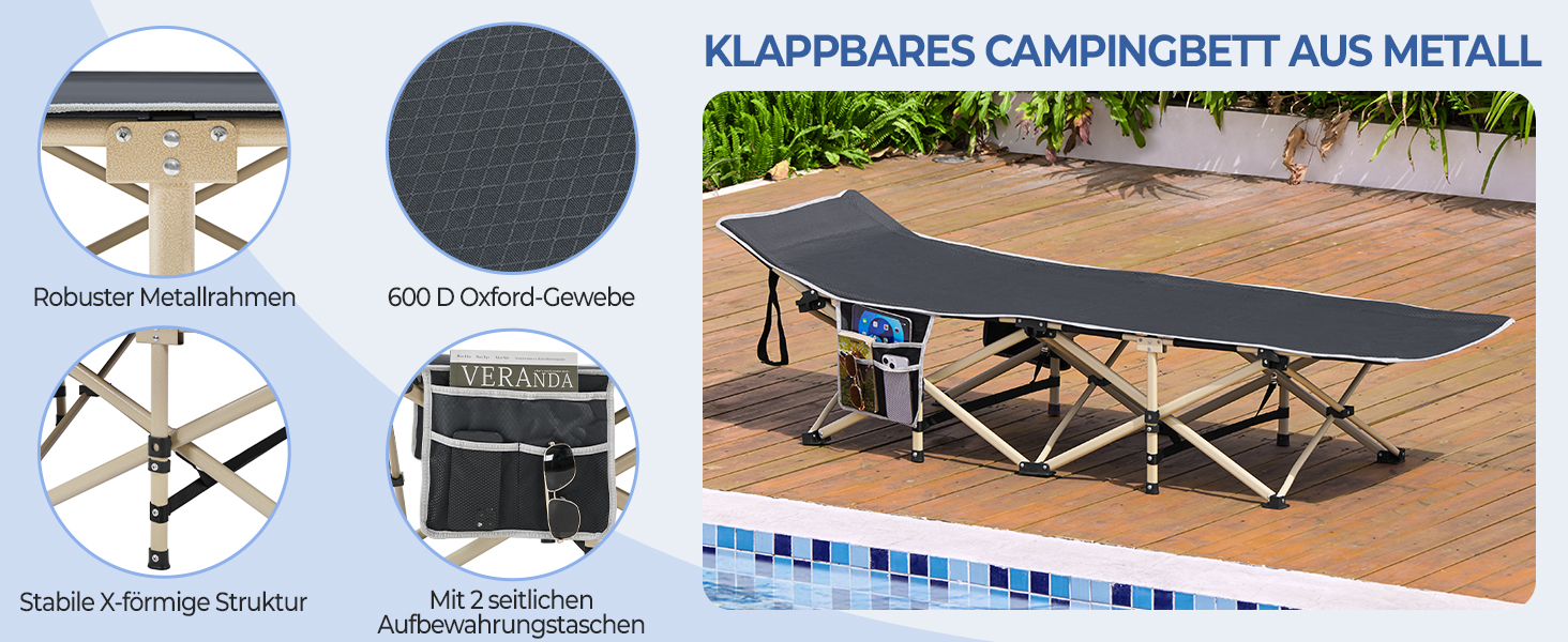 Ліжко-розкладачка Yaheetech для кемпінгу, сіре, до 150 кг, з бічною кишенею та сумкою для транспортування