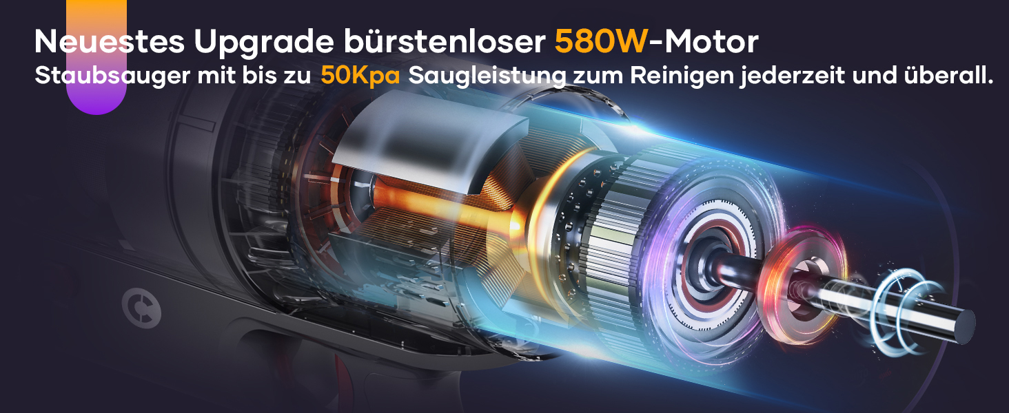 Бездротовий акумуляторний пилосос 50000Pa/580W, 70 хвилин роботи, об'єм 1.6л, з автоматичним регулюванням потужності, LED дисплеєм, антизаплутана щітка, док-станція для стін, тихий, для шерсті тварин, твердих поверхонь, килимів, авто