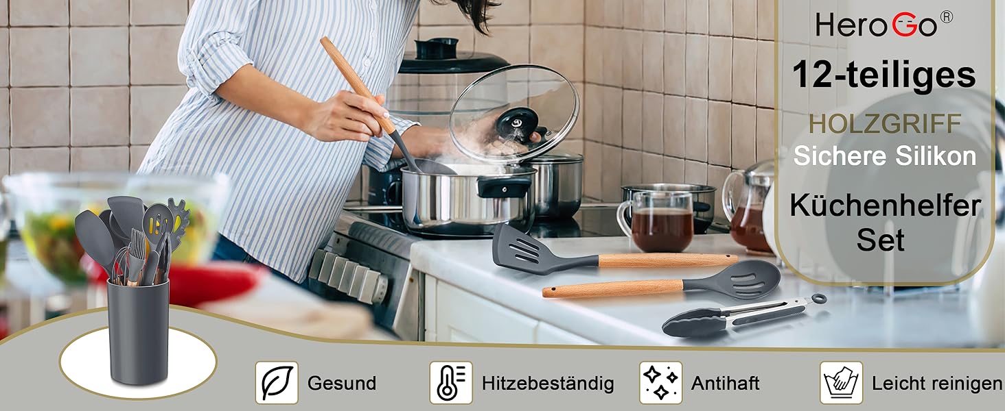 Набір кухонного приладдя Herogo, 12 шт. Силіконові кухонні помічники, кухонне кухонне приладдя з тримачем, стійке до високих температур, з дерев'яною ручкою, антипригарний лопатка – сірий