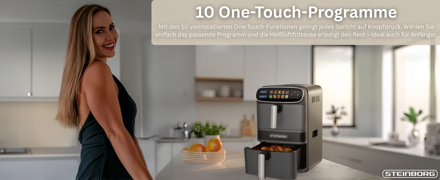 Фритюрниця Steinborg® Heißluft XXL 12 літрів з подвійною камерою, 6+6 літрів, для смаження, запікання, сушіння та грилю без олії