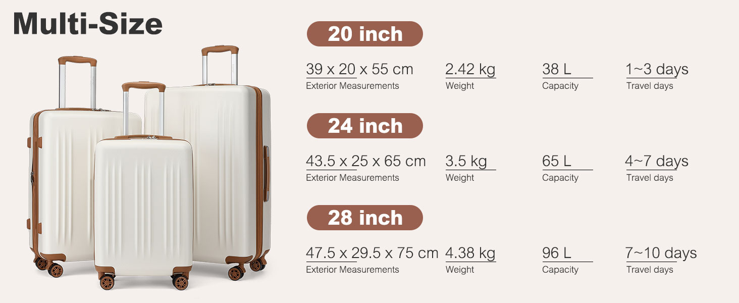 Набір валіз KONO: 3 шт. (55/65/75 см) з TSA-замком, розширювані, легкі, з 4 колесами