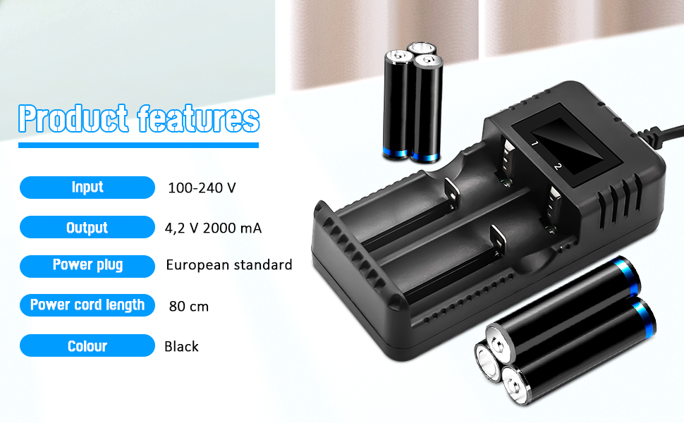 Зарядний пристрій для акумуляторів Li-Ion з LCD-дисплеєм, 4 слоти, швидка зарядка, сумісний з 26650/18650/14500/16340