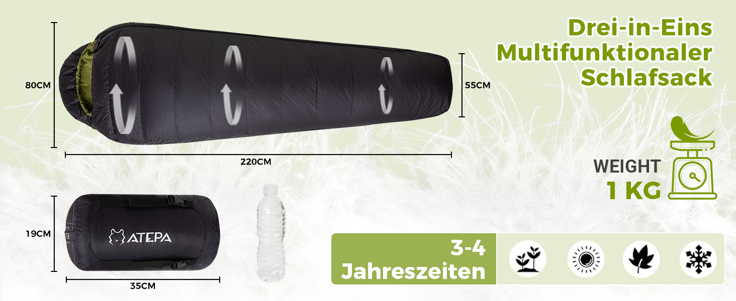 Спальний мішок ATEPA 0°C, чорний, для дорослих, 4-сезонний, водовідштовхувальний, комфортна температура 6°C, межа 1°C, для кемпінгу та подорожей