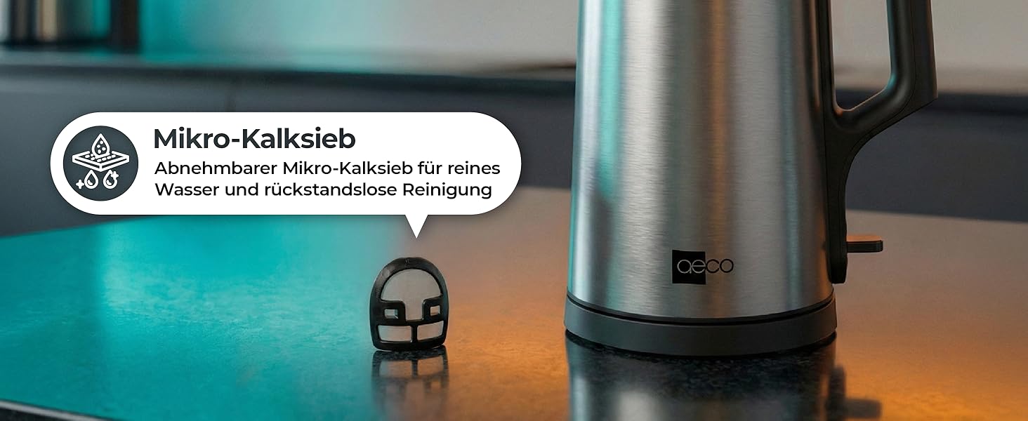 Електричний чайник Aeco AQA NEO з нержавіючої сталі, 1.7 л, 2150 Вт, без BPA, фільтр від накипу, бездротовий, CoolTouch, шампань сріблястий