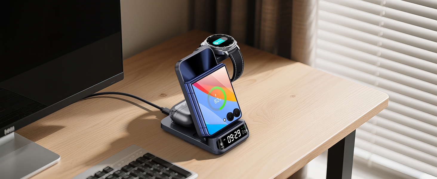 Бездротова зарядна станція 3-в-1 SwanScout 708F для Samsung Galaxy Z Flip 7/6/5/4/3, Galaxy Watch 8/7/6/5/4 та Galaxy Buds 3/2 Pro, індукційний зарядний пристрій (без адаптера)