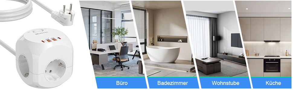 Блок розеток з USB-C, 4 розетки, плоский штекер, індивідуальне вмикання, багаторозетка-куб з 2м плетеним кабелем для офісу, дому, подорожей - білий 002-MF (4 розетки 2м)