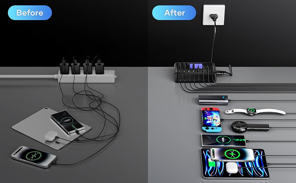 Зарядний пристрій USB-C 152W з LCD дисплеєм, 4x USB-A, 4x USB-C, швидка зарядка для iPhone 16, iPad, Samsung та інших пристроїв - Чорний