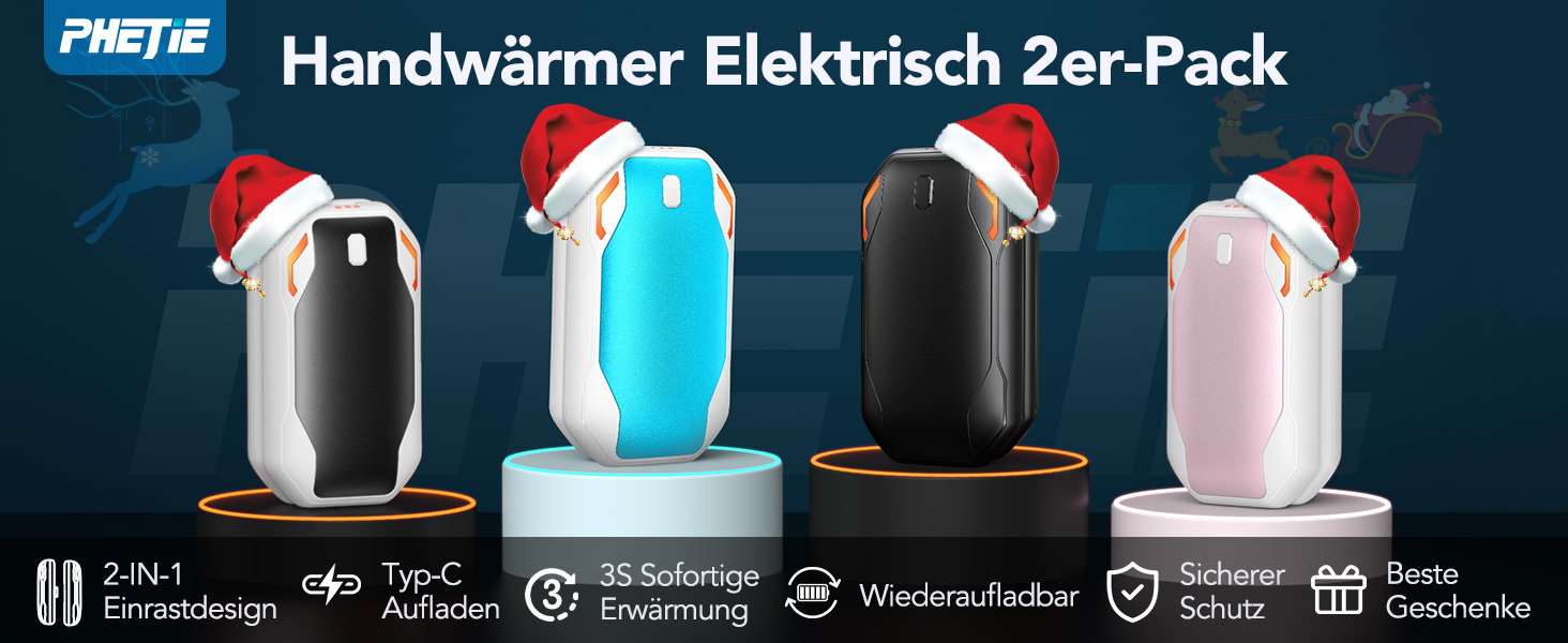 Електричні грілки для рук PHEJIE, 2 шт. - 3 режими нагріву, портативні, для активного відпочинку, кемпінгу, гольфу, подарунок для жінок та чоловіків (чорний/білий)