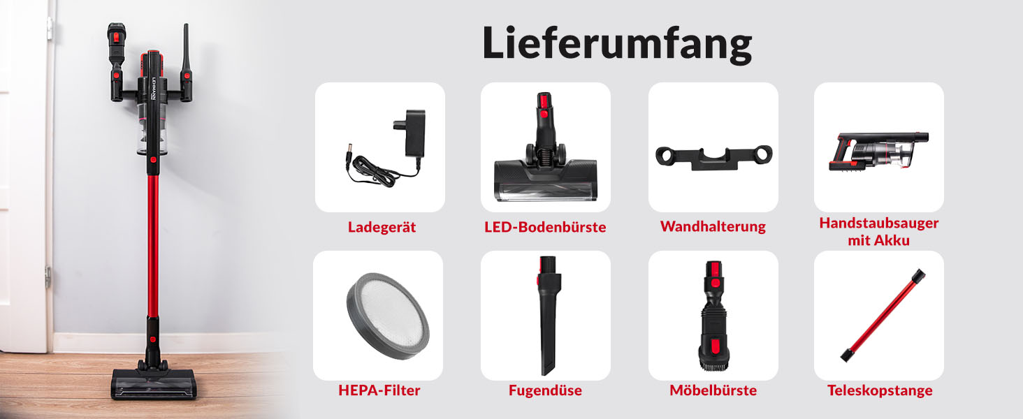 Бездротовий акумуляторний пилосос Lehmann 3-в-1 з HEPA-фільтром та LED-щіткою, 45 хв роботи, 1.8л контейнер, для тварин, килимів, авто