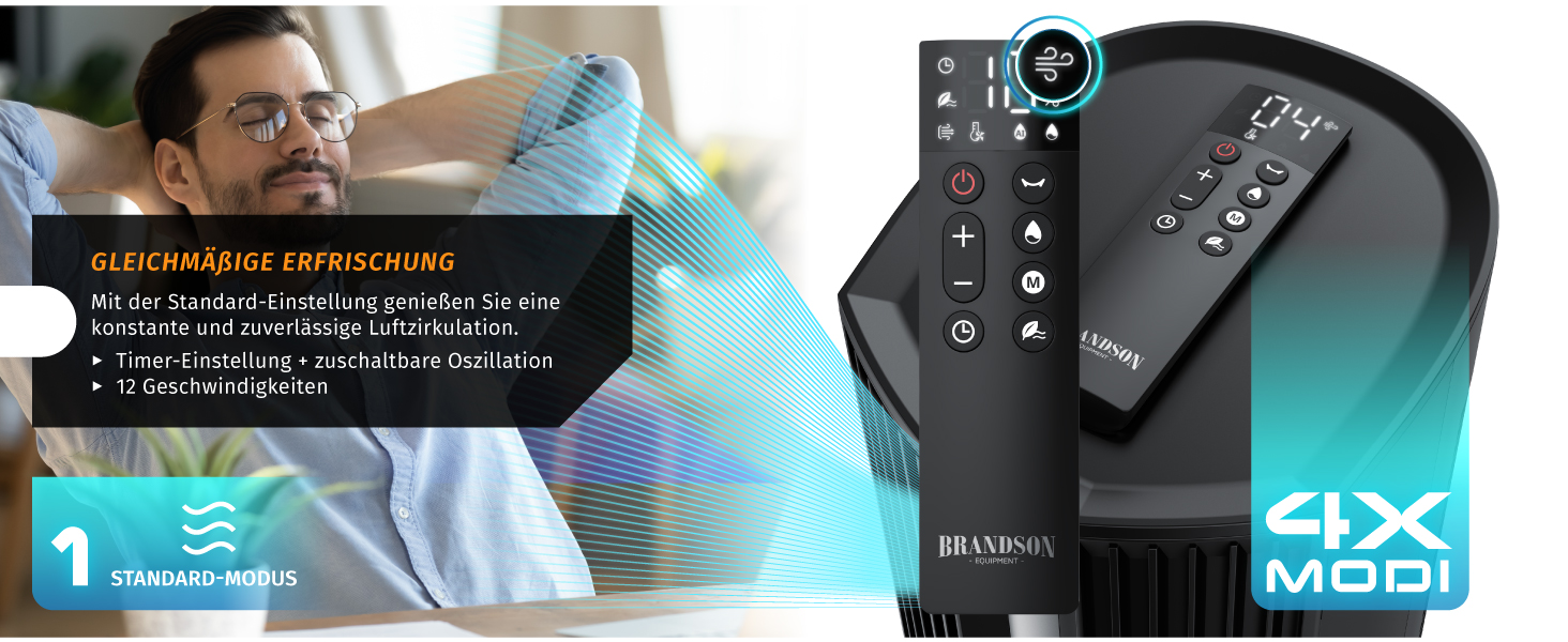 Вентилятор з водяним охолодженням Brandson - преміум модель 2025 року, з вологопоглиначем та дистанційним керуванням, 12 швидкостей, тихий DC-двигун