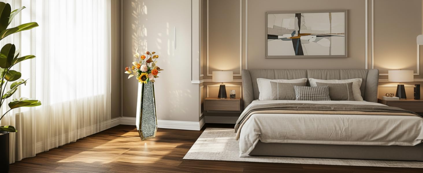 Ваза для квітів велика 68 см: срібна ваза з кристалами для пампас трави, скляна ваза з дзеркальним покриттям та блискітками, декоративна ваза для вітальні, інтер'єру – без підставки для води, 16L x 68H см