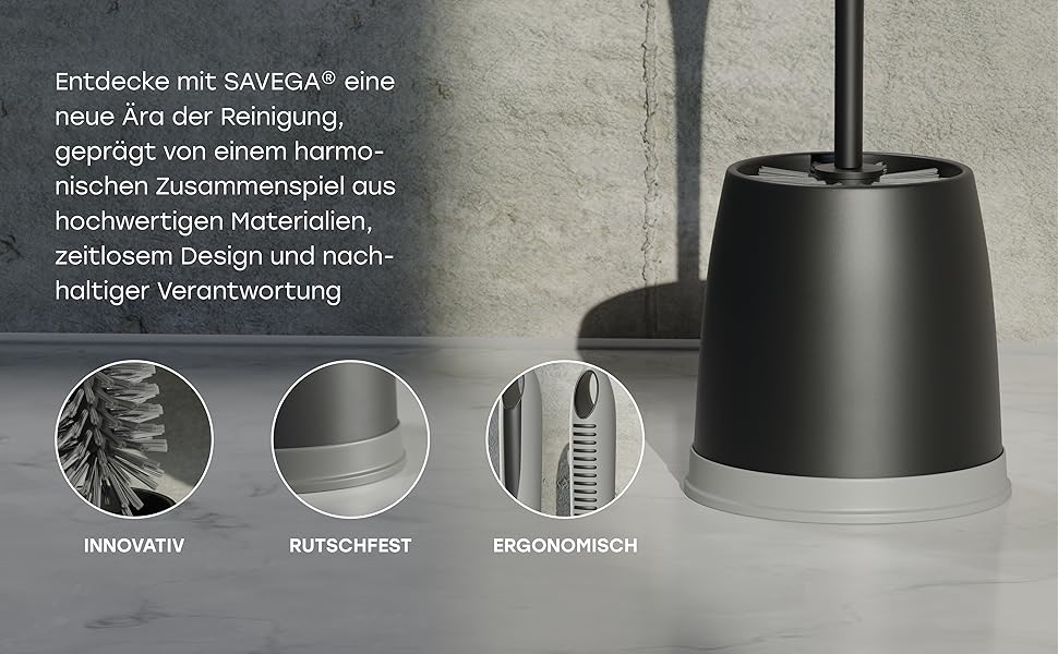 Набір для туалету SAVEGA: щітка для унітазу з інноваційною структурою щетинок та зручним тримачем. Сучасний дизайн, матовий чорний/сірий колір.