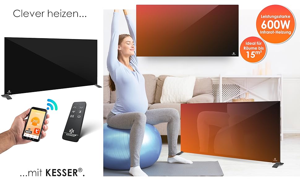 Інфрачервовий обігрівач KESSER 600W з функцією 2в1: підлоговий та настінний. Енергозберігаючий склокерамічний обігрівач з термостатом, пультом дистанційного керування та керуванням через додаток. Чорний колір.