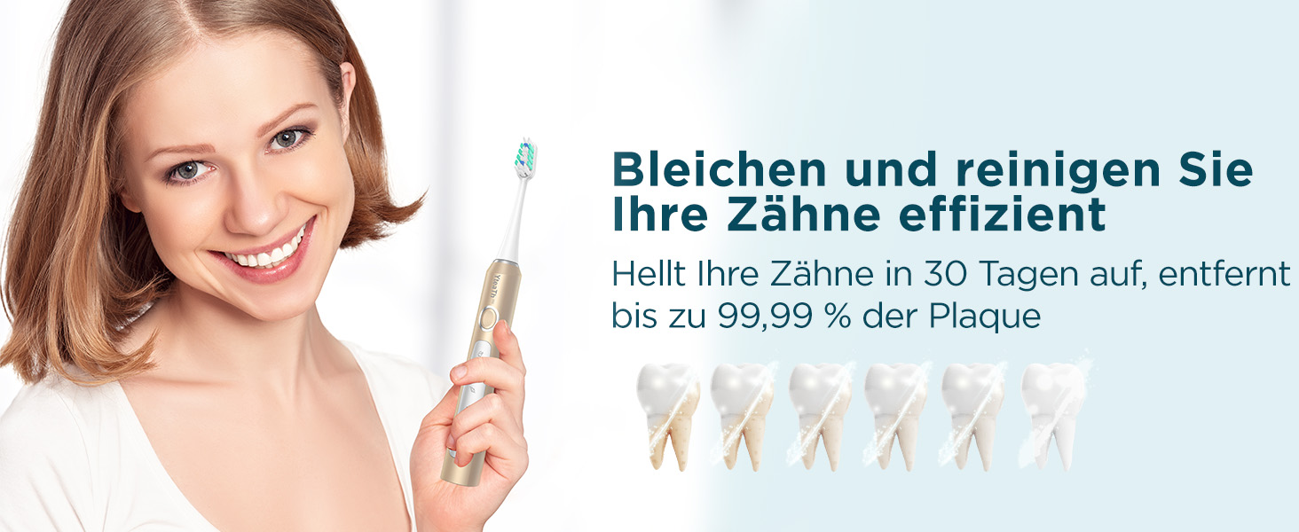 Електрична звукова зубна щітка для дорослих з 8 насадками та кейсом для подорожей, 5 режимів, водонепроникна IPX7, до 90 днів роботи від акумулятора (Золота)