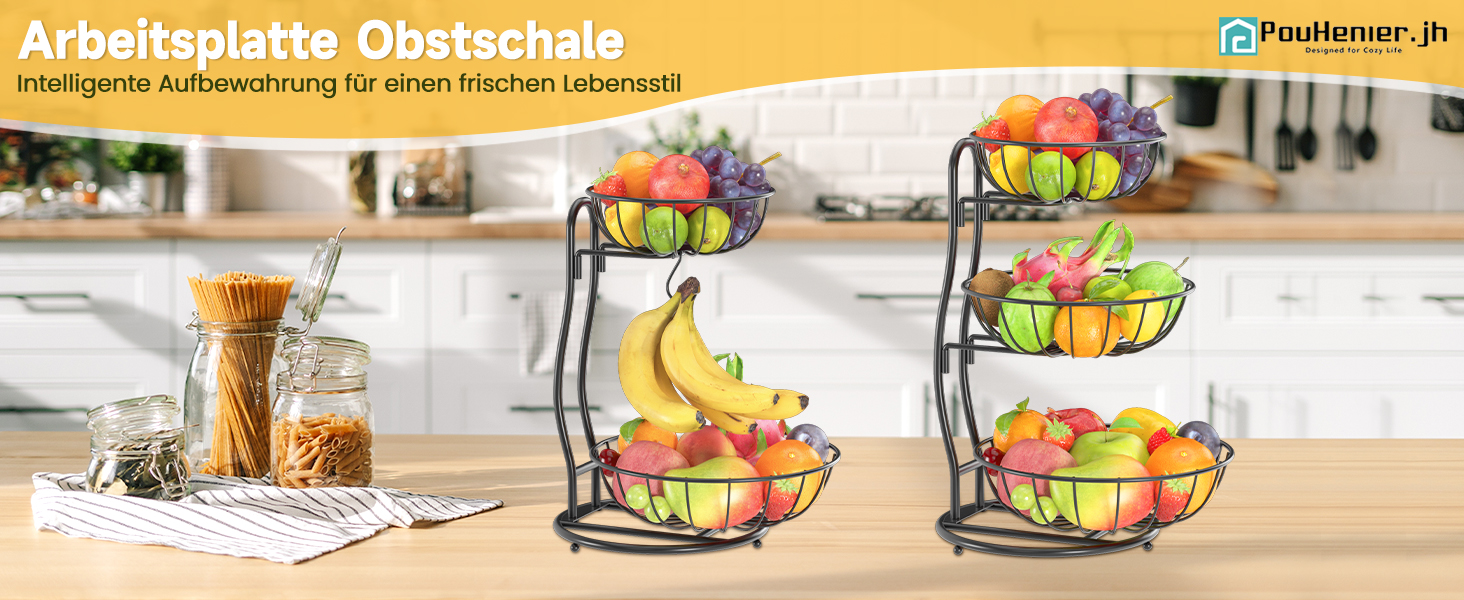 PouHenier 5-ярусная фруктова корзина для кухні, металева етажерка для фруктів та овочів, з тримачем для бананів, чорного кольору