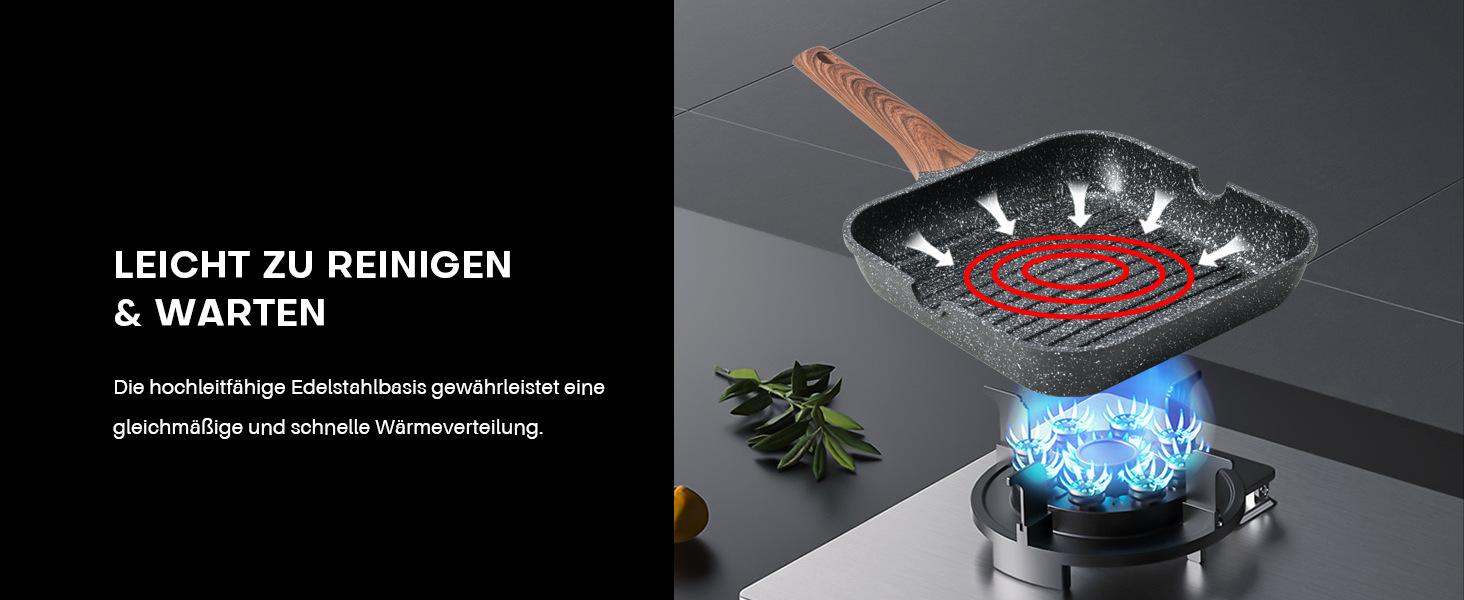 Kordisen Гриль сковорода антипригарна 24 см квадратна для індукції, гранітне покриття, з виливом, універсальна для приготування в приміщенні, без PFOA, чорна