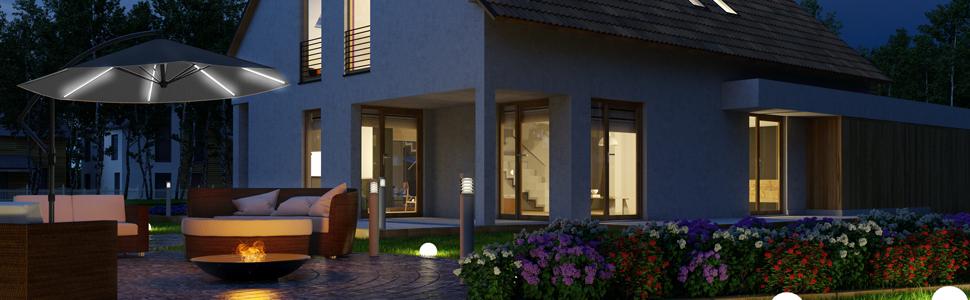 Сонячна парасолька Kingsleeve з LED підсвічуванням, UV 80+, сонячна батарея, чохол, 350 см, з кривошипом для балкона та тераси