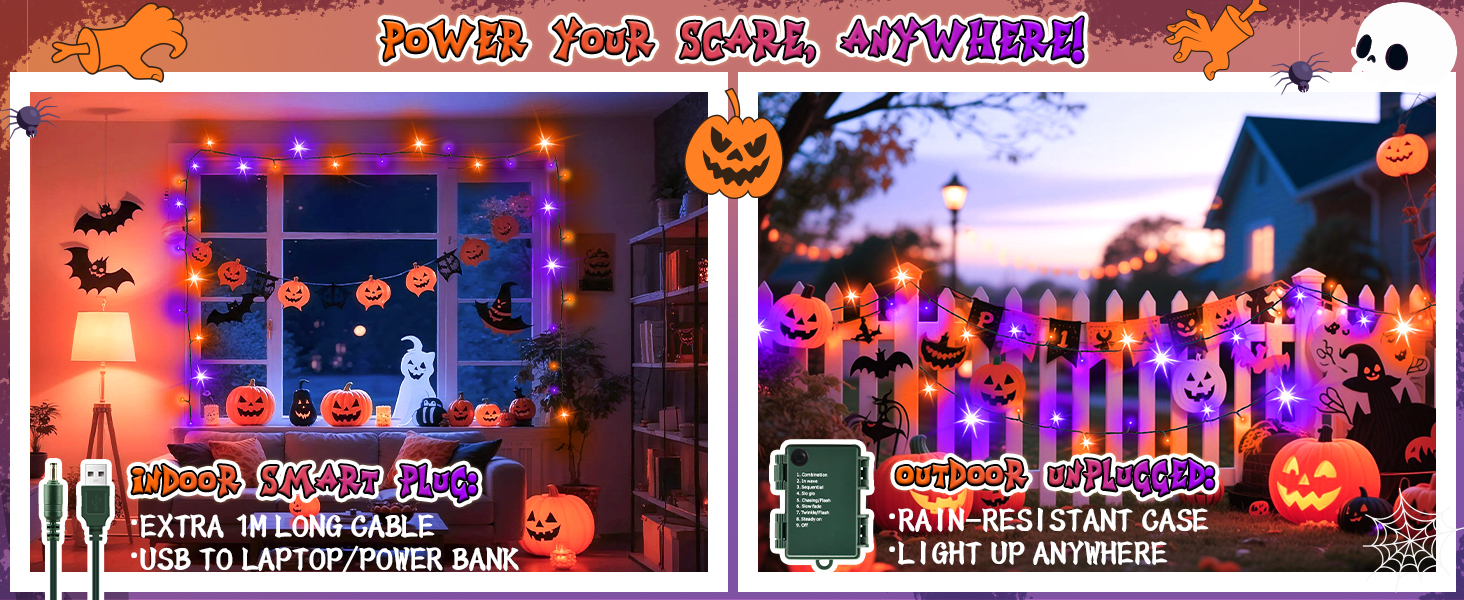 Гірлянда декоративна Halloween на 6 метрів, 60 LED, оранжево-фіолетова, USB/батарейки, таймер, вологостійка, для дому та саду