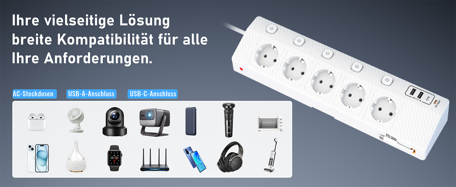 Настільний мережевий фільтр з 5 розетками та 2 USB-C (PD 30W), подовжувач з вимикачем, 4000W, кабель 2м, білий