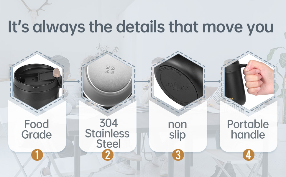 Термокружка з нержавіючої сталі 500 мл з кришкою та ручкою, подвійні стінки, вакуумна ізоляція, для подорожей та кемпінгу (Чорний)