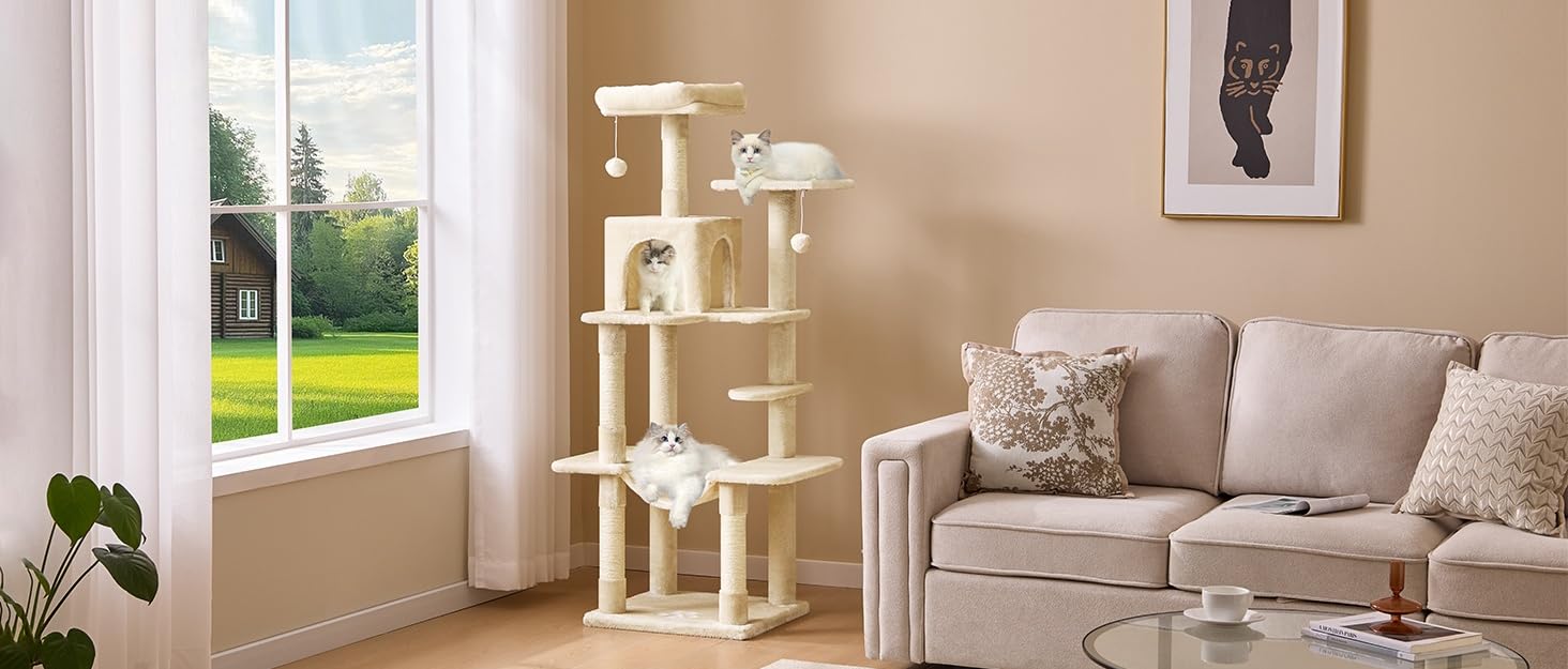 Кігтеточка для котів MSmask велика, багатоповерхова з платформами, печерами та гамаком, обтягнута сизалем (темно-сіра)