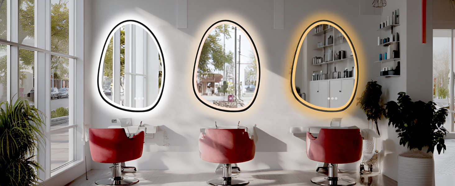 Дзеркало з підсвіткою, асиметричне LED, 75x55 см, з сенсорним вимикачем, антизапар, 3 кольори світла, регулювання яскравості, функція пам'яті, чорний (горизонтальне/вертикальне)