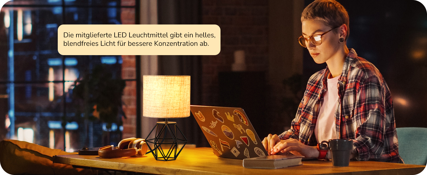 EDISHINE Настільна лампа - Сучасний індустріальний дизайн, E14 цоколь, вінтаж, для спальні/вітальні, білий & золотий (льон + чорний)