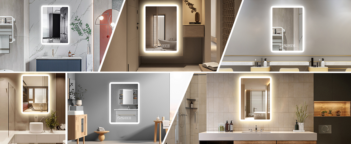 Дзеркало для ванної кімнати з підсвічуванням 50x70 см з Bluetooth, годинником, функцією проти запотівання та сенсорним вимикачем, 3 кольори світла, регулювання яскравості