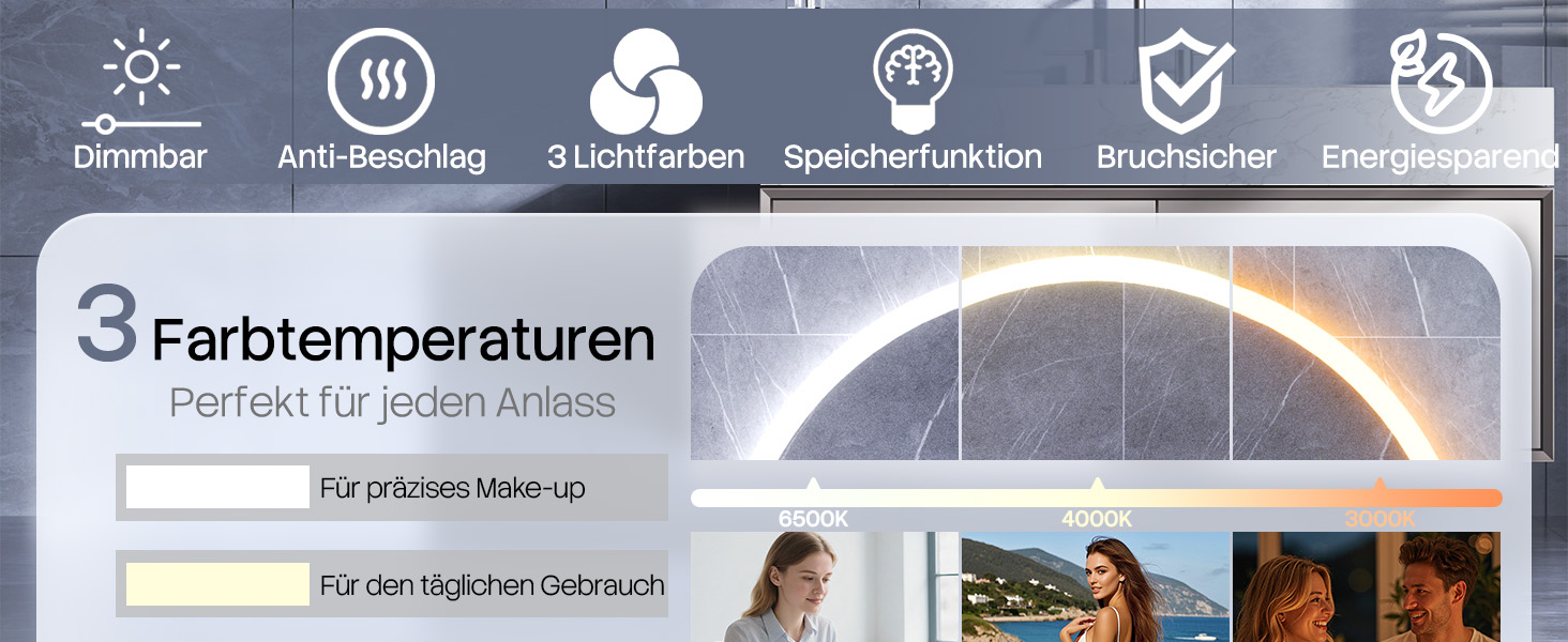 Дзеркало для ванної кімнати HySail з підсвічуванням, 5 мм, високоякісне срібне дзеркало, 3 колірні температури та регульована яскравість, настінне дзеркало з сенсорним вимикачем та антизапарюючою поверхнею, кругле (3 кольори + регулювання, 70x70 см)