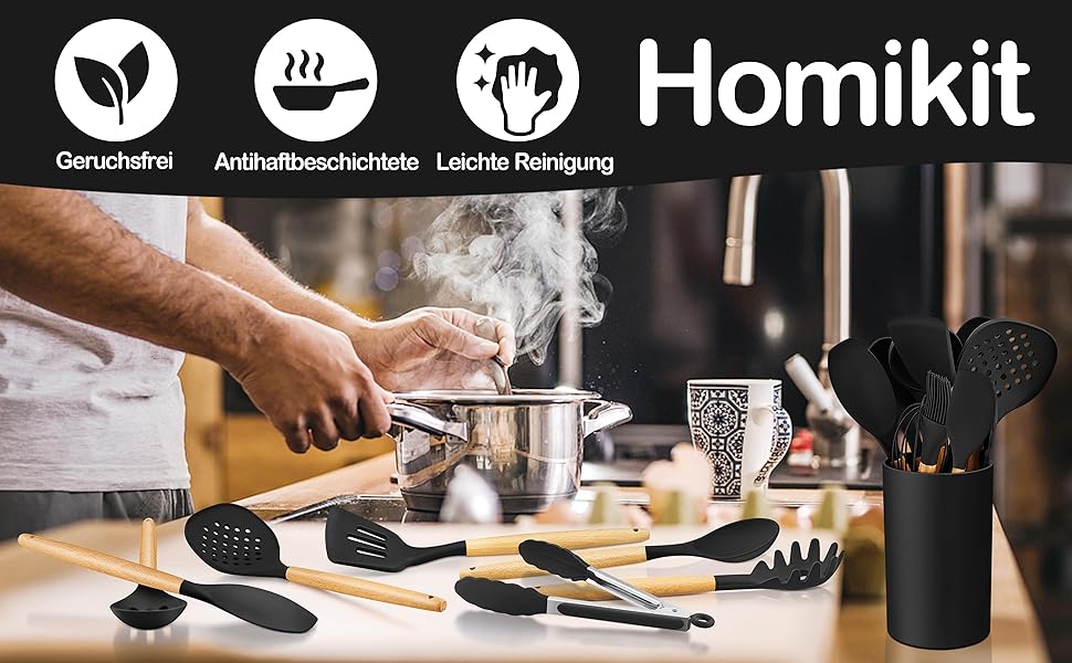 Набір кухонних аксесуарів Homikit 15 предметів з чорного силікону та дерев'яними ручками. Кухонний аксесуар, стійкий до високих температур, легко миється. З підставкою для аксесуарів.