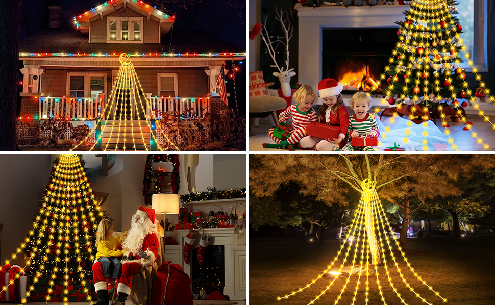 Гірлянда для ялинки 3,5м, 346 LED, 9 струмків, зірка-верхівка, 8 режимів, вологостійка, тепле біле світло