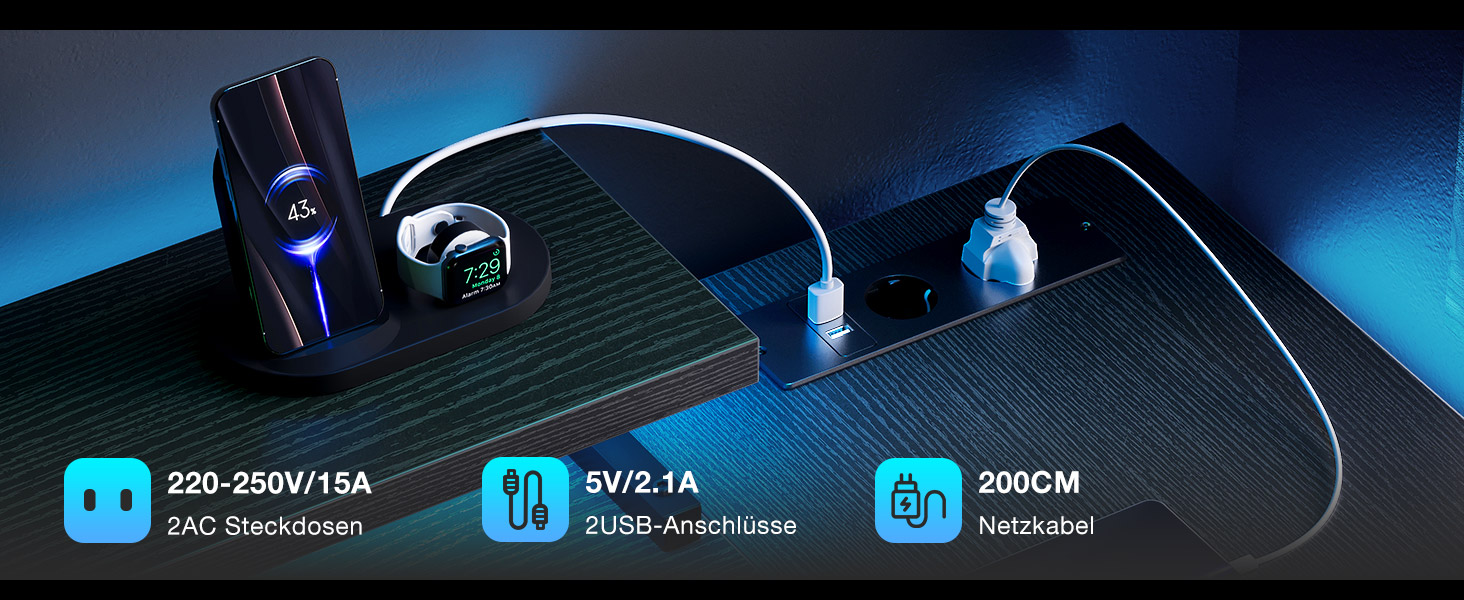 Ігровий стіл L-подібний Coleshome з LED-підсвічуванням та розетками, 120x80 см, з полицею, чорний, для офісу/робочого кабінету