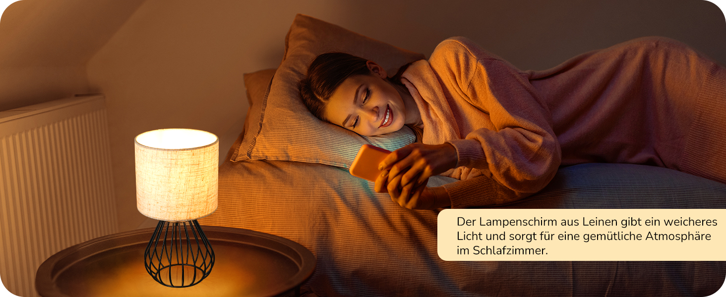 EDISHINE Настільна лампа, сучасний дизайн, індустріальний стиль, E14 цоколь, вінтаж, для спальні, вітальні, бежево-чорний льон + чорний