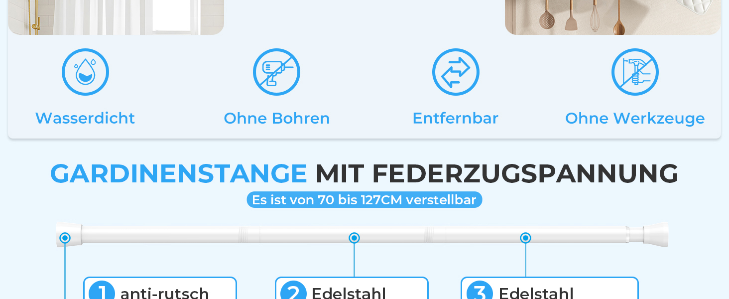 Штанга для штор без свердління 113-196 см, телескопічна, для ванної, вікна, кухні, шафи, біла (1 шт.)