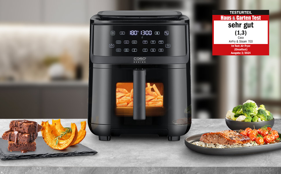 CASO AirFry & Steam 700 - Hot Air Fryer and Steamer - Food becomes crispy on the outside and juicy on the inside, extra large basket volume of 7 liters, Steamer & Airfryer, Fryer without oil/fat
