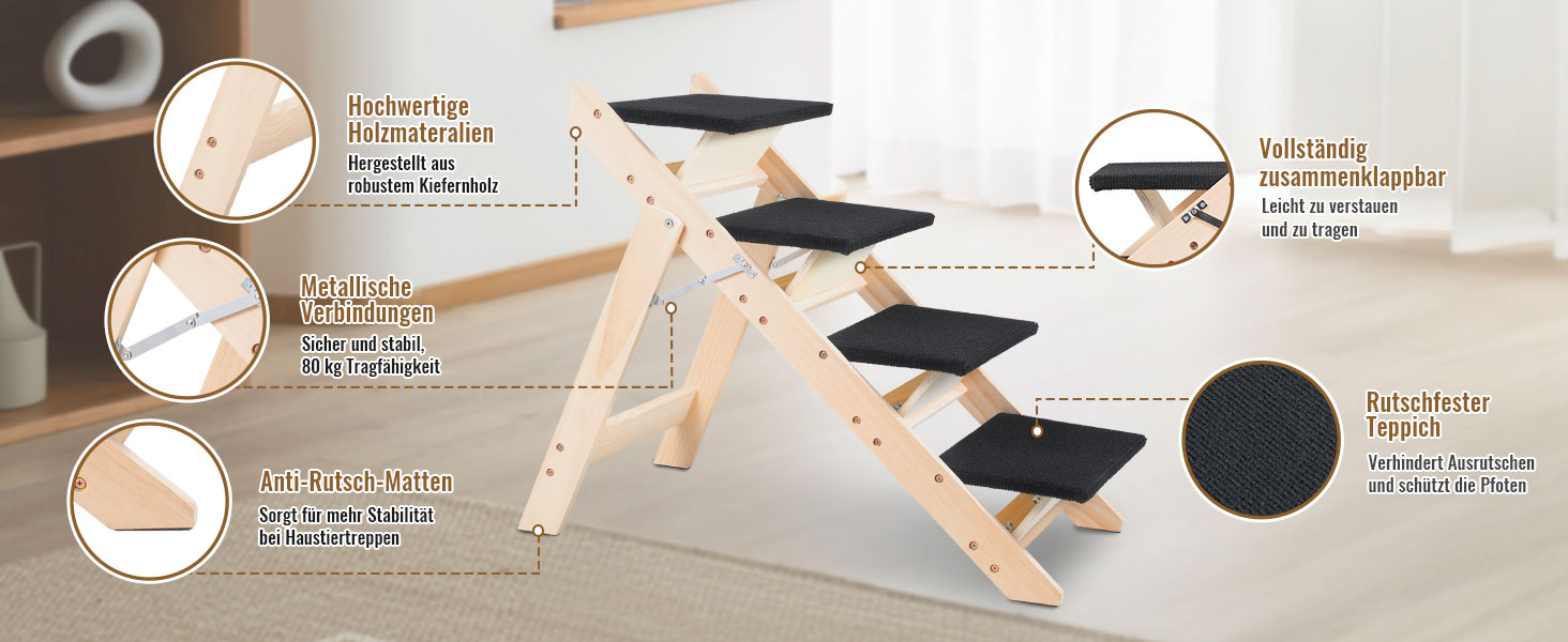 Сходинка для собак та котів 2-в-1, розкладна, 65.5 см, 4 сходинки, вантажопідйомність 80 кг, з антиковзним килимком