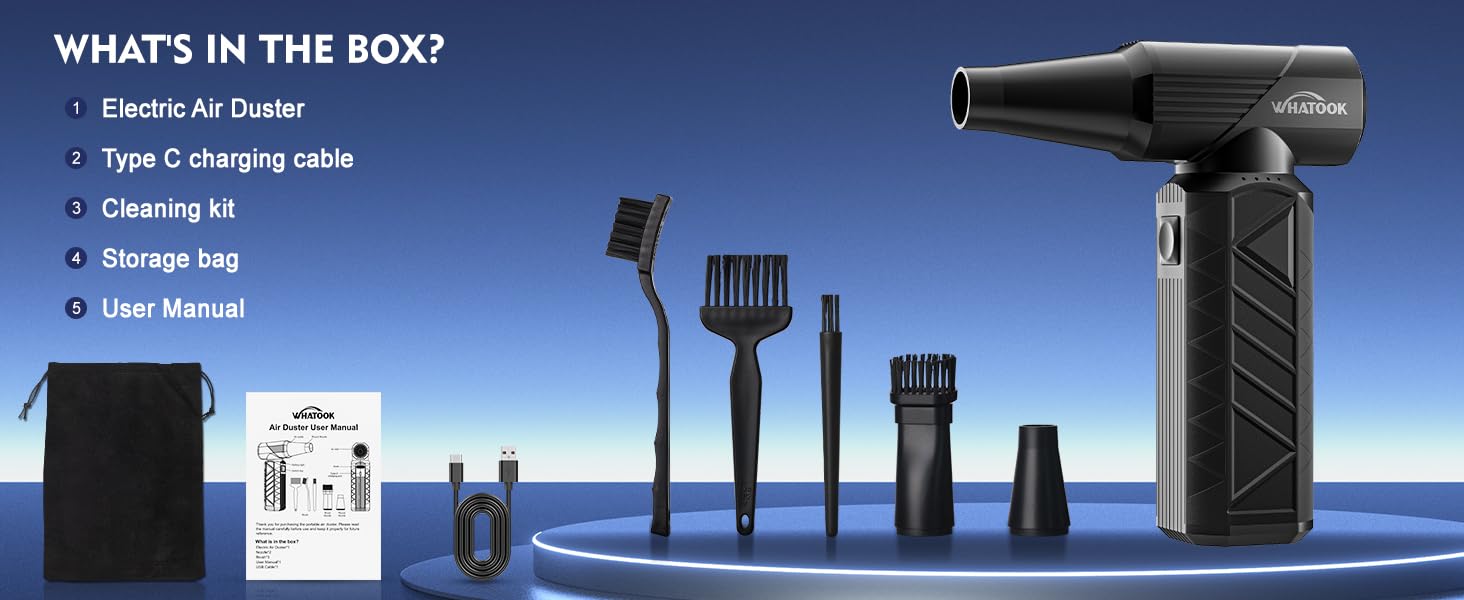 Професійний бездротовий повітряний пилосос WHATOOK W02: Регулювання швидкості, 250 000 обертів/хв, безщітковий двигун для клавіатури, ПК, авто та дому