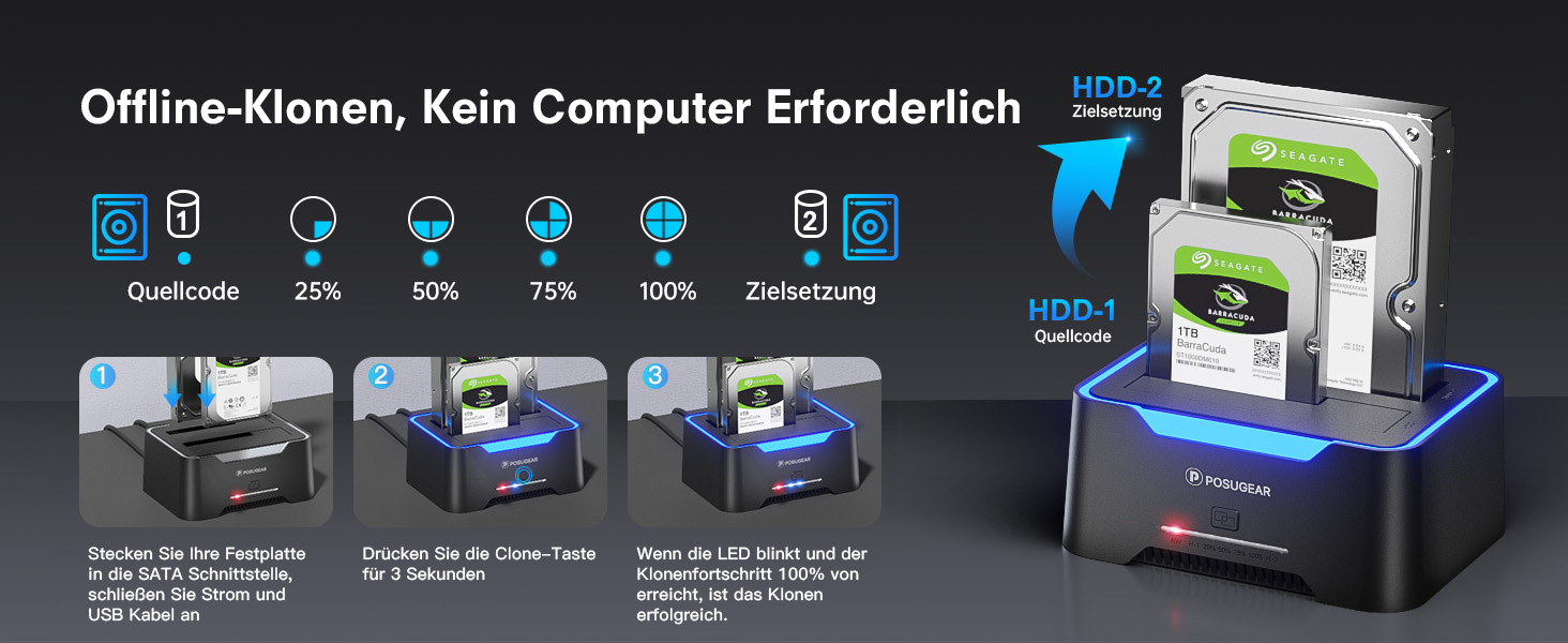 Док-станція для жорстких дисків POSUGEAR RGB USB 3.0 з підтримкою 2.5/3.5 SATA HDD/SSD, 2 відсіки, Offline Clone, UASP