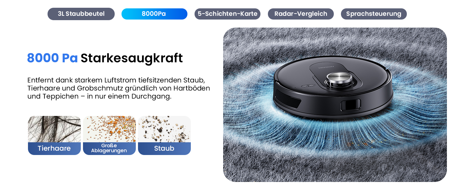 Робот-пилосос Proscenic Q8 Max+ з функцією миття, 8000Pa, 200 хвилин роботи, 3L пилозбірник, Lidar-навігація, уникнення перешкод, керування через додаток та голосове управління, для твердих поверхонь та килимів